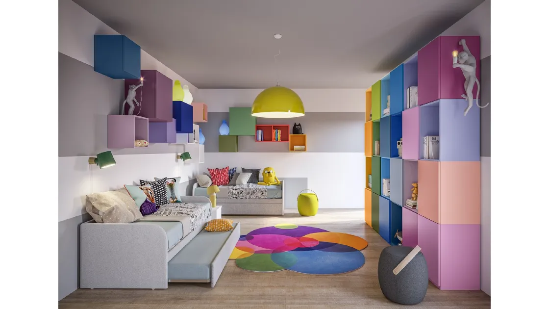 Cameretta Top CM201 con letto e divano letto in laccato opaco satinato dai colori vivaci di Giessegi