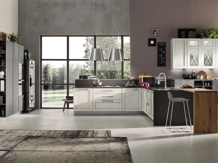 Cucina Moderna con penisola Eva 06 in legno Decapè Ghiaccio di ArrexCucina Moderna con penisola Eva 06 in legno Decapè Ghiaccio di Arrex