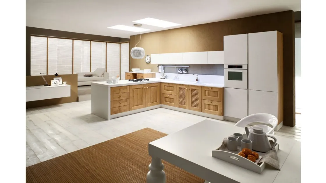 Cucina angolare in Muratura Carola in legno di Rovere naturale e Laccato Bianco lucido di Arrex