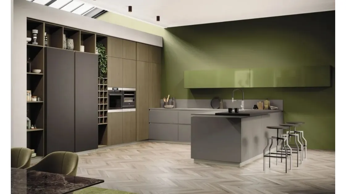 Cucina Moderna AL 32 08 in Fenix Grigio Londra e pensili in Vetro Verde Oliva di Arrex