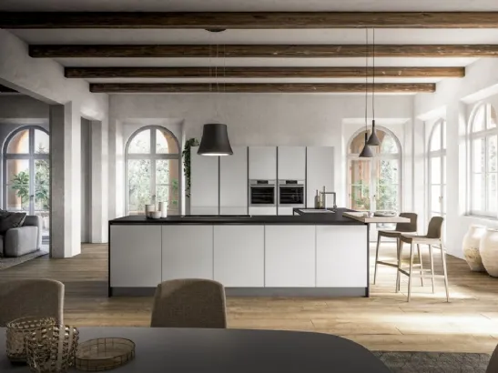 Cucina Moderna angolare con penisola Fenix in laminato Bianco Kos di Arrex