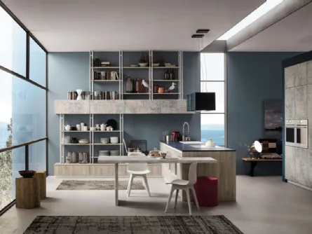 Cucina Moderna lineare Lab in legno Old Oak Mandorla e finitura Damasco Arrex