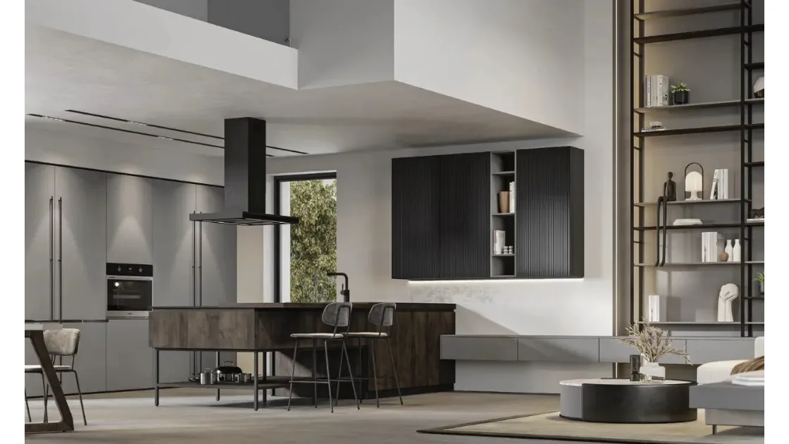 Cucina Moderna con penisola Loft 2|2 12 in Old Oak Petrolio e laccato di Arrex