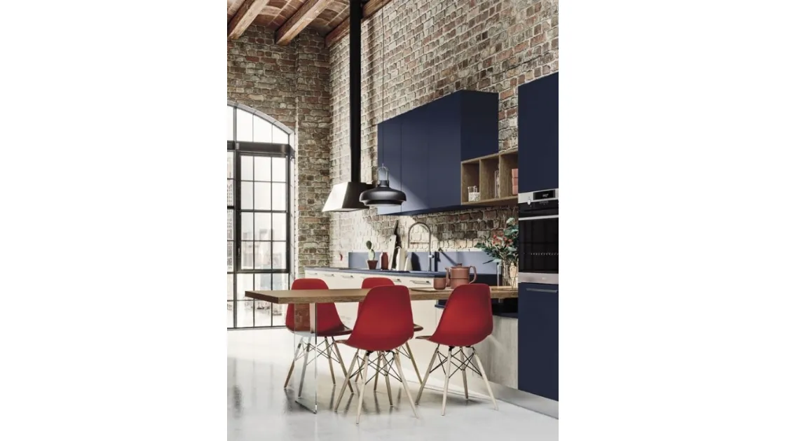 Cucina Moderna lineare Loft Soft in laccato Blu e finitura impiallacciato Wood Neve di Arrex
