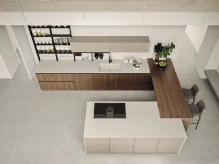 Cucina Moderna con isola e penisola Loft Wood finitura Pepe e laccato Beige di Arrex