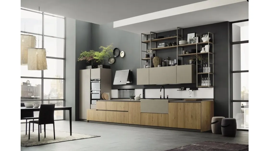 Cucina Moderna lineare Loft Wood Cotto e laminato effetto cemento di Arrex