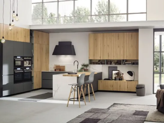 Cucina Moderna angolare con penisola Loft Wood Naturale di Arrex
