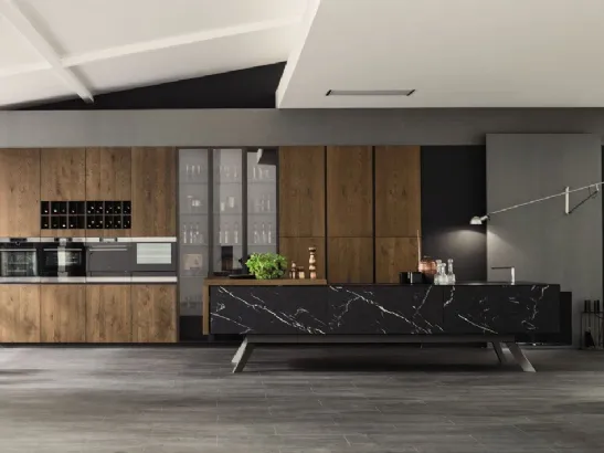 Cucina Moderna lineare Loft Wood Pepe e laminato effetto Marmo di Arrex