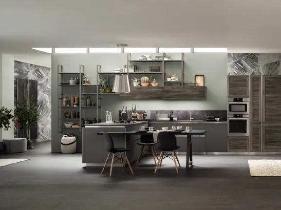 Cucina Moderna angolare con penisola Twin Nichel e Okobo Dark di Arrex