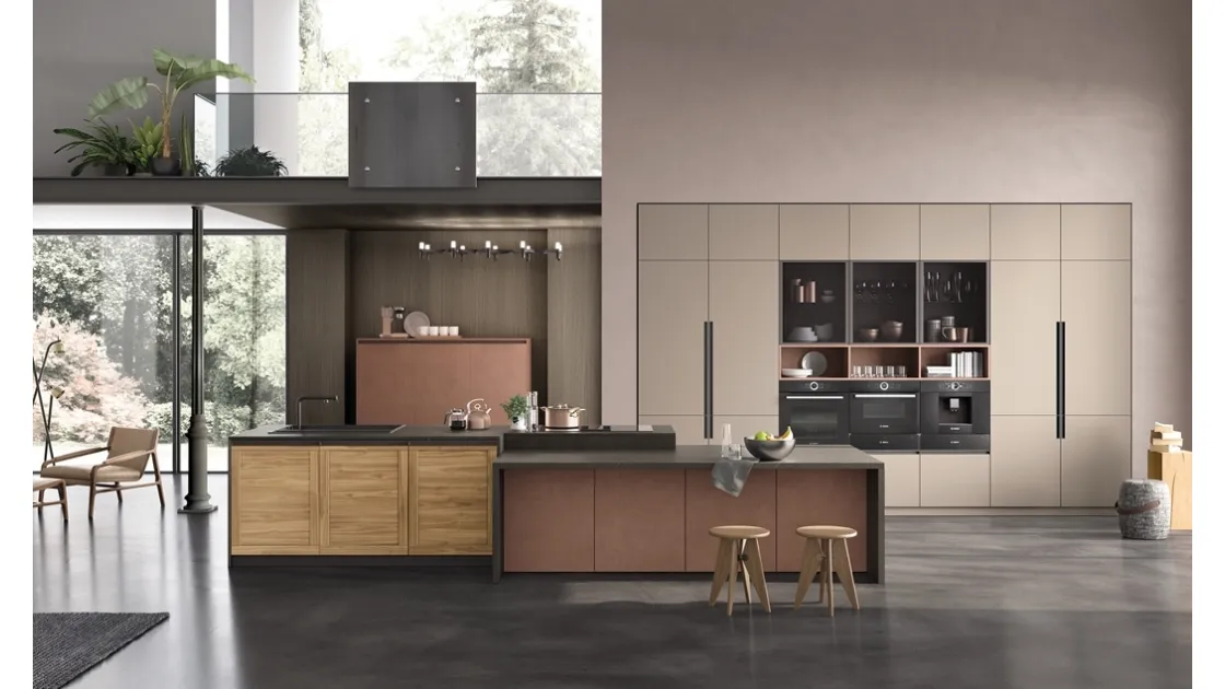 Cucina Moderna lineare Twin Okobo Natural e Lab Oxide Marrone di Arrex