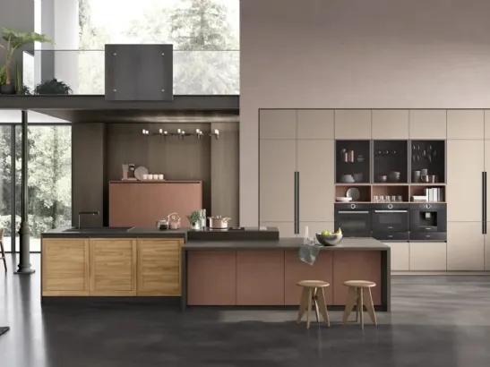 Cucina con isola Twin 06 Okobo Natural e Lab Oxide Marrone di Arrex